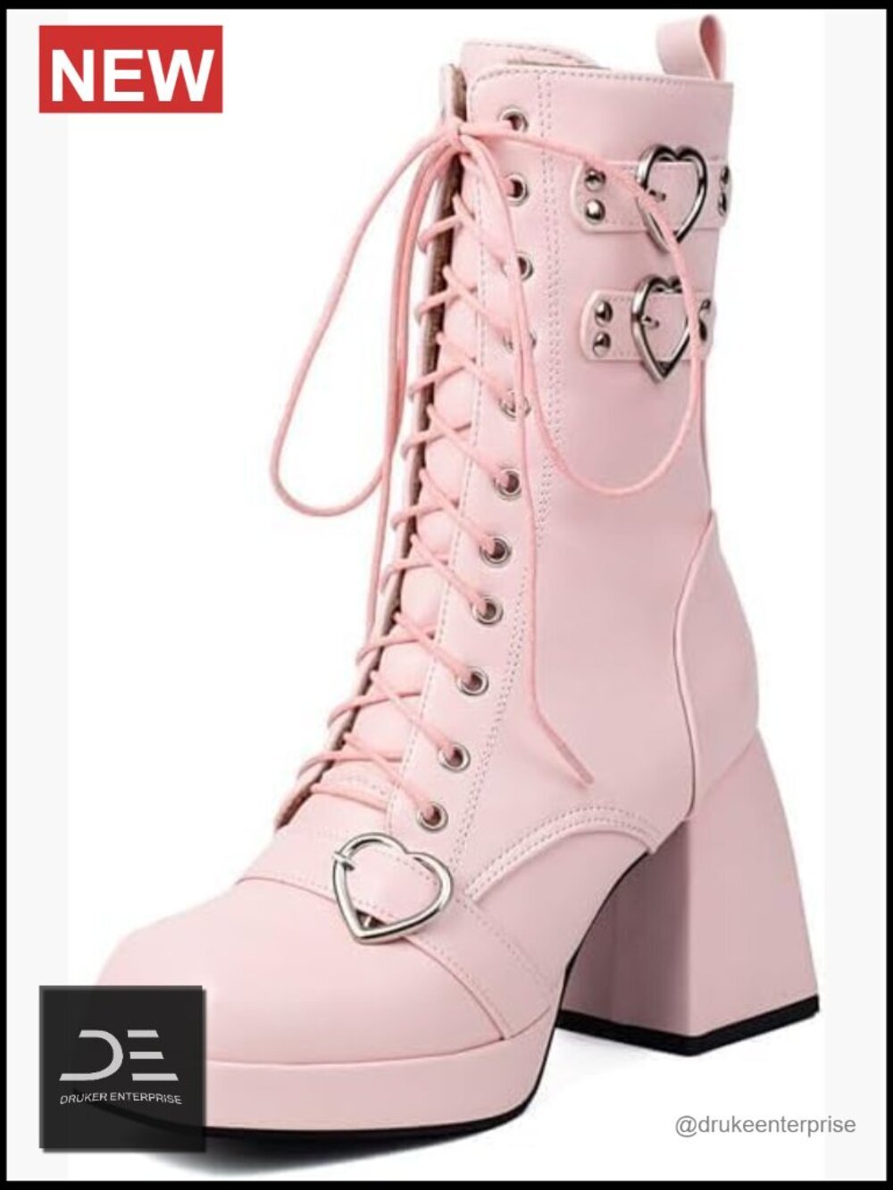 Goth Platform Combat Ankle Boots Lace Up Chunky High Heels Square Toe Buckle
